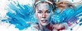 Portrait of a swimmer on a blue background with free space. Illustration of a young woman taking part in a sport.