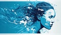 Portrait of a swimmer on a blue background with free space. Illustration of a young woman taking part in a sport.