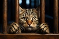 portrait of a tabby cat of a criminal in prison behind bars Royalty Free Stock Photo