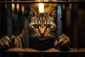 portrait of a tabby cat of a criminal in prison behind bars Royalty Free Stock Photo