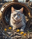 Portrait of a tabby cat lying on the ground with yellow flowers Royalty Free Stock Photo