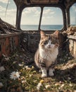 Portrait of a tabby cat lying on the ground with yellow flowers Royalty Free Stock Photo