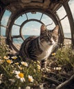 Portrait of a tabby cat lying on the ground with yellow flowers Royalty Free Stock Photo