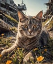 Portrait of a tabby cat lying on the ground with yellow flowers Royalty Free Stock Photo
