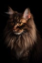 Portrait of a tabby charming Maine Coon cat, close-up. Beautiful long-haired cat. Generative AI