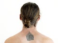 Portrait of tattooed man closeup back view