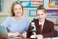 Portrait Of Teacher With Female Student Using Microscope In Science Class Royalty Free Stock Photo