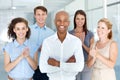 Portrait, team and applause for success of black man, congratulations and celebrate. Face, happy business group clapping Royalty Free Stock Photo