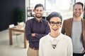 Portrait, teamwork and leadership with a business woman and her team standing in the office together. Management, leader Royalty Free Stock Photo