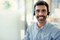 Portrait, tech support and man with a computer, call center and employee with headphones, crm and telemarketing. Face Royalty Free Stock Photo