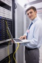 Portrait of a technician using laptop while analysing server