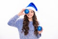 Portrait of teen child girl for new year and christmas banner. Winter teen girl hold christmas balls. Winter child