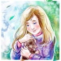 portrait of teen girl character and her small puppy Royalty Free Stock Photo