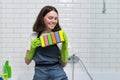 Portrait of teen girl doing cleaning in bathroom Royalty Free Stock Photo