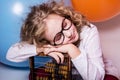 Portrait of teen girl dreaming in glasses with eyes closed again Royalty Free Stock Photo