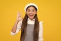 Portrait of teen girl making ok gesture, isolated background. Young teenager smiling and giving okey sign. Happy cute Royalty Free Stock Photo