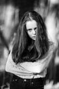 Portrait of a teen girl outdoor. Black and white photo. Royalty Free Stock Photo