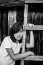 Portrait of teen girl in the village. Black and white photo. Royalty Free Stock Photo