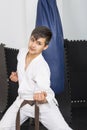 Portrait of teenage boy in kimono training ashihara martial art Royalty Free Stock Photo