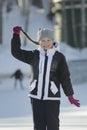 Portrait teenage girl with pigtailed wearing winter clothes in winter outside Royalty Free Stock Photo