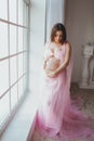 Portrait of tender pregnant beauty young woman standing in front of the window and touching her belly at home. Loft Royalty Free Stock Photo