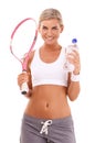 Portrait, tennis or happy woman in fitness training, workout or sports exercise in studio with motivation, pride or