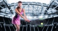 Portrait of a tennis player in a pink dress against the background of a sports arena. Olympic Games concept
