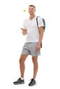 Portrait, tennis sports and man in studio isolated on a white background for exercise. Training, athlete and mature male