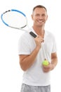 Portrait, tennis sports and man in studio isolated on a white background for exercise. Training, badminton and happy