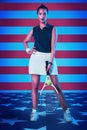 Portrait, tennis and woman with American flag, fitness and training for wellness, balance and healthy lifestyle. Face