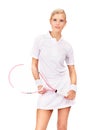 Portrait, tennis woman and racket in studio for sports, competition and contest isolated on mockup white background