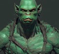 Portrait of terrifying green orc. Fantastic creature. Troll with frightening facial expression. Monster.