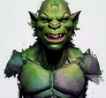 Portrait of terrifying green orc. Fantastic creature. Troll with frightening facial expression. Monster.