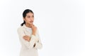 Portrait of Thinking businesswoman touches her chin with her hand posing isolated on white background