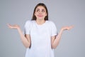 Portrait of thinking woman with confused puzzled face on studio isolated background. Woman thinking, pensive expression