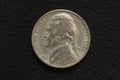 Portrait of Thomas Jefferson, third president of the United States, on obverse of the old nickel coin of 1961, isolated Royalty Free Stock Photo