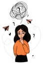 Portrait thoughtful confused girl, confused thoughts and tangled tangle with question mark, problem solving. Vector Royalty Free Stock Photo