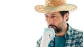 Portrait of thoughtful farmer on white background