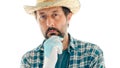 Portrait of thoughtful farmer on white background