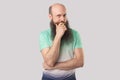 Portrait of thoughtful middle aged bald man with long beard in light green t-shirt standing and looking at camera, thinking about Royalty Free Stock Photo