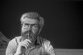 Portrait of thoughtful senior caucasian man with a grey beard and holding pen. Royalty Free Stock Photo