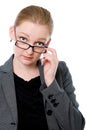 Portrait of thoughtful woman with glasses office.