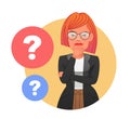 Portrait of a thoughtful young girl with glasses. A businesswoman surrounded by question bubbles. The woman has a question. A