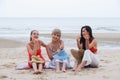 Portrait three asia women, girls group friends having fun together on the beach Royalty Free Stock Photo