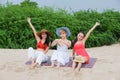 Portrait three asia women, girls group friends having fun together on the beach Royalty Free Stock Photo