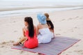 Portrait three asia women, girls group friends having fun together on the beach Royalty Free Stock Photo