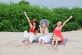 Portrait three asia women, girls group friends having fun together on the beach Royalty Free Stock Photo