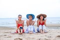 Portrait three asia women, girls group friends having fun together on the beach Royalty Free Stock Photo