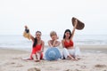 Portrait three asia women, girls group friends having fun together on the beach Royalty Free Stock Photo