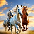 Portrait of Three Beautiful Horses in Motion Against Blue Sky